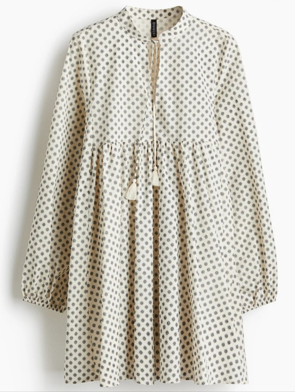 H&M Divided Cream Dress with Tie Front Small Green Dot Print